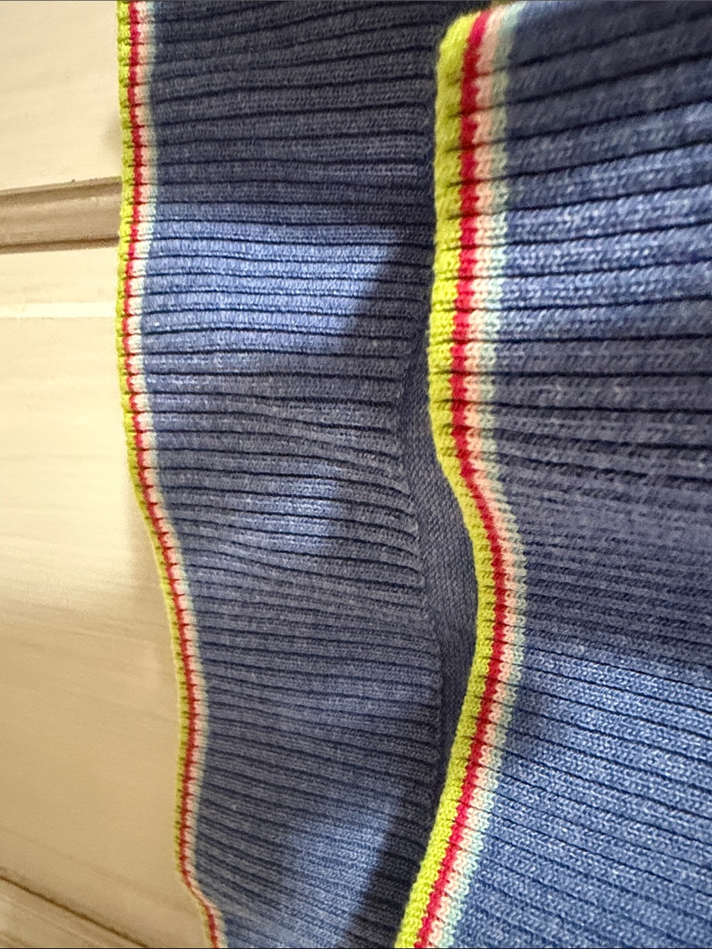 Blue V-Neck Sweater with Rainbow Ribbed Trim - Picture 6 of 6